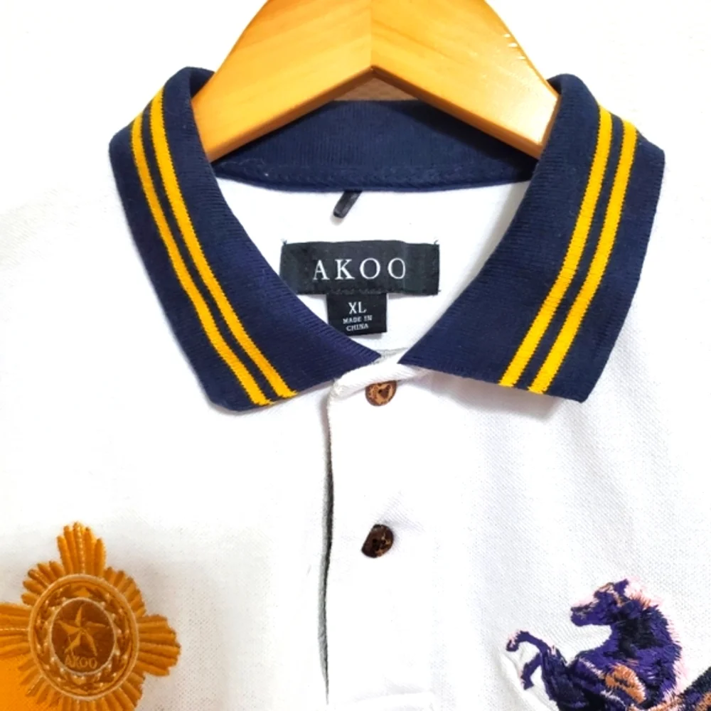 AKOO Cotton Pique White Pegasus Embroidered Polo Shirt Mens XL - Picture 2 of 8